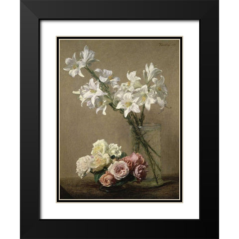 Lilies in a Vase Black Modern Wood Framed Art Print with Double Matting by Fantin-Latour, Henri