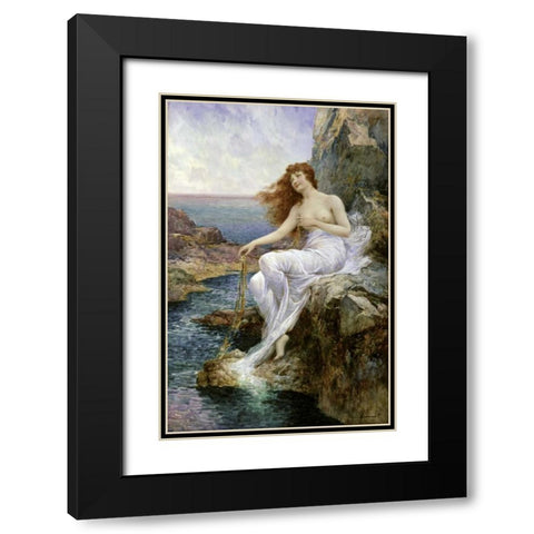 Sea Nymph Seated on a Rock with a Ribbon Seaweed Black Modern Wood Framed Art Print with Double Matting by Glendening, Alfred Augustus