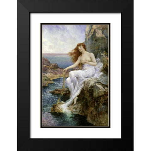 Sea Nymph Seated on a Rock with a Ribbon Seaweed Black Modern Wood Framed Art Print with Double Matting by Glendening, Alfred Augustus