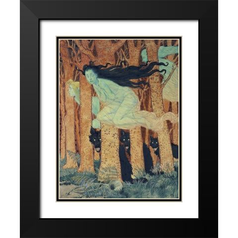 Three Women and Three Wolves Black Modern Wood Framed Art Print with Double Matting by Grasset, Eugene