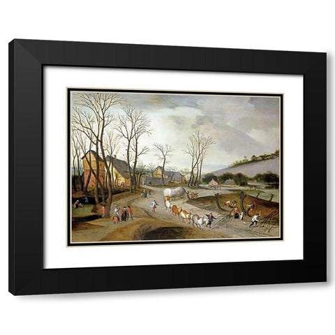 Winter Landscape with Wagon and Peasants at Work Black Modern Wood Framed Art Print with Double Matting by Grimmer, Abel