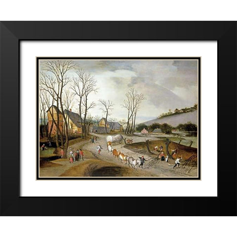 Winter Landscape with Wagon and Peasants at Work Black Modern Wood Framed Art Print with Double Matting by Grimmer, Abel