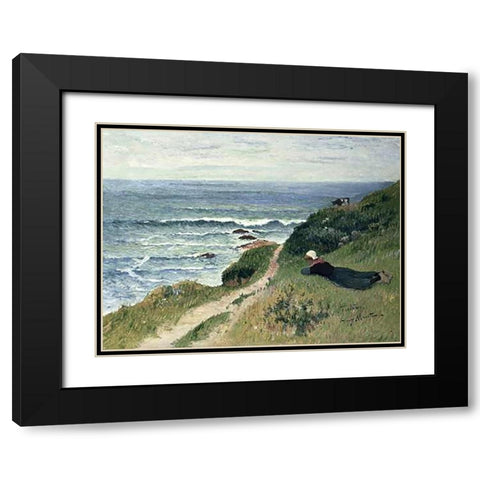 Young Breton Girl Stretching Out on the Cliffs, Toulhors Black Modern Wood Framed Art Print with Double Matting by Moret, Henry