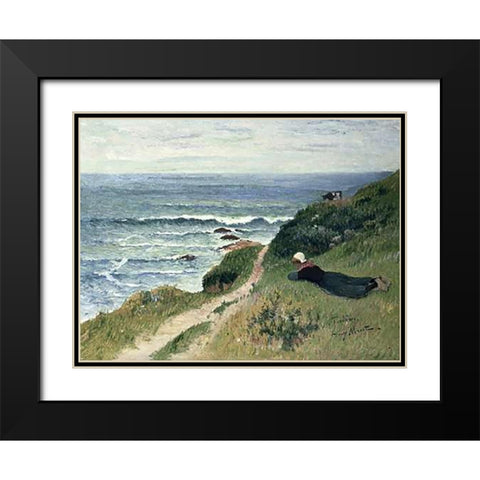 Young Breton Girl Stretching Out on the Cliffs, Toulhors Black Modern Wood Framed Art Print with Double Matting by Moret, Henry