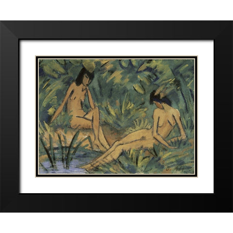 Girls Seated at the Water Black Modern Wood Framed Art Print with Double Matting by Muller, Otto
