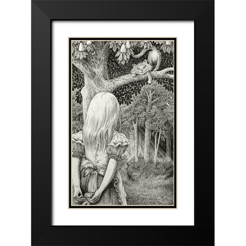 Alice with Cheshire Cat Black Modern Wood Framed Art Print with Double Matting by Partridge, Brian