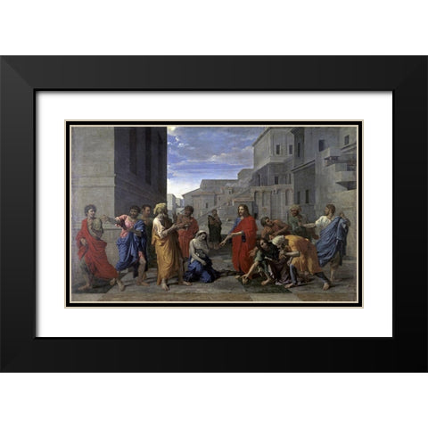 Christ and the Woman Taken in Adultery Black Modern Wood Framed Art Print with Double Matting by Poussin, Nicolas