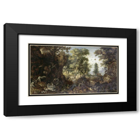 The Garden of Eden with Eve Tempting Adam Black Modern Wood Framed Art Print with Double Matting by Savery, Roelandt