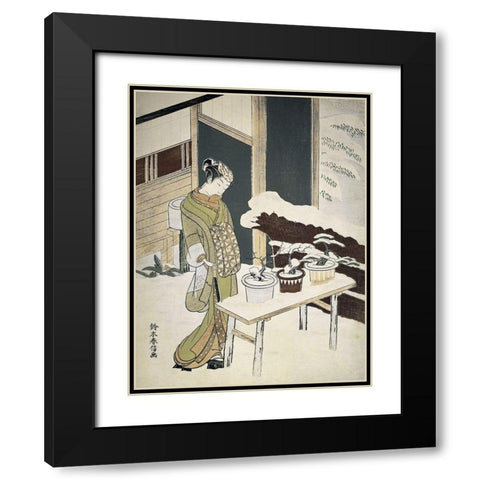 Woman Outside in Winter Black Modern Wood Framed Art Print with Double Matting by Unknown