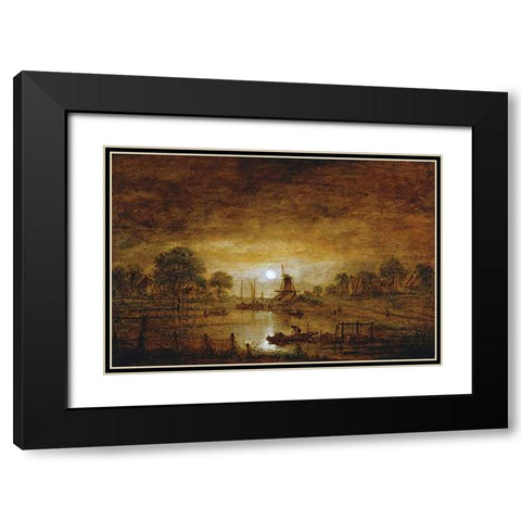 Title Unknown (Boats at Sunset with Windmill) Black Modern Wood Framed Art Print with Double Matting by Van Der Neer, Aert