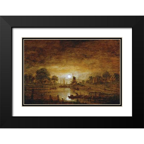 Title Unknown (Boats at Sunset with Windmill) Black Modern Wood Framed Art Print with Double Matting by Van Der Neer, Aert