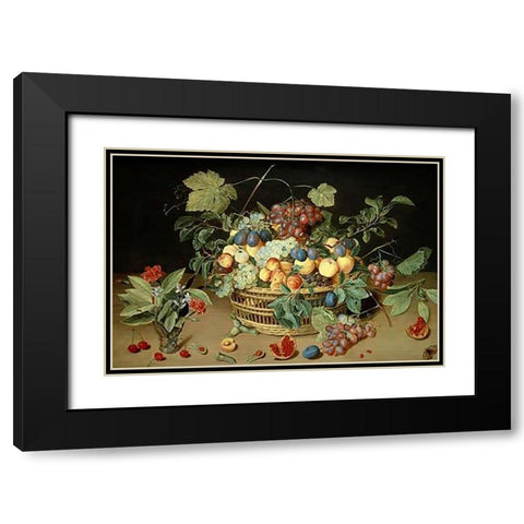 A Still Life of Fruit and Flowers in a Basket Black Modern Wood Framed Art Print with Double Matting by Van Hulsdonck, Jacob