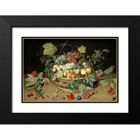 A Still Life of Fruit and Flowers in a Basket Black Modern Wood Framed Art Print with Double Matting by Van Hulsdonck, Jacob