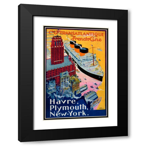 Transatlantique-French Line / Paris-Havre-New York Black Modern Wood Framed Art Print with Double Matting by Sebille, Albert