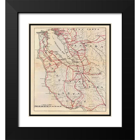 California - San Mateo, Santa Cruz, Santa Clara, Alameda, and Contra Costa Counties, 1896 Black Modern Wood Framed Art Print with Double Matting by Blum, George W.