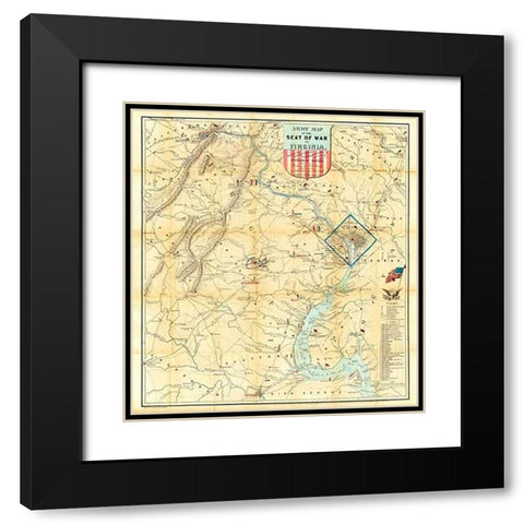 Army Map of The Seat of War In Virginia, 1862 Black Modern Wood Framed Art Print with Double Matting by Bruff, J. Goldsborough