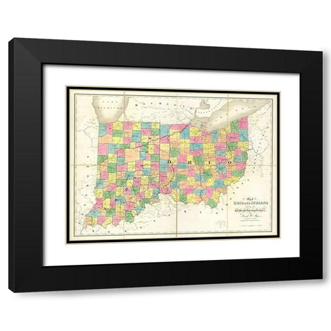 Map of Ohio and Indiana, 1839 Black Modern Wood Framed Art Print with Double Matting by Burr, David