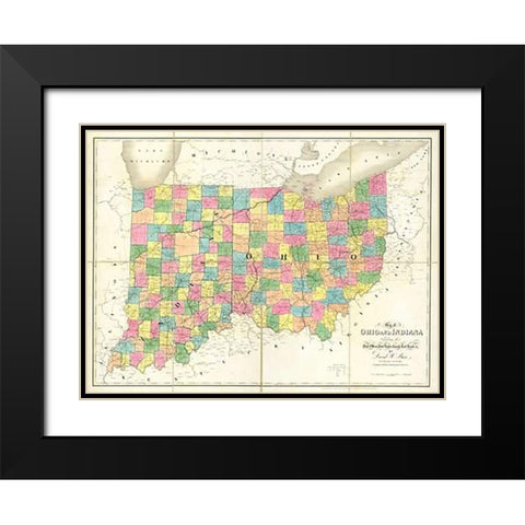Map of Ohio and Indiana, 1839 Black Modern Wood Framed Art Print with Double Matting by Burr, David