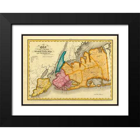 New York, Queens, Kings, Richmond counties, 1829 Black Modern Wood Framed Art Print with Double Matting by Burr, David
