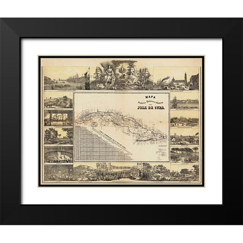 Mapa Historico Pintoresca Moderno de al Isla De Cuba, 1853 Black Modern Wood Framed Art Print with Double Matting by May, B. y Ca.