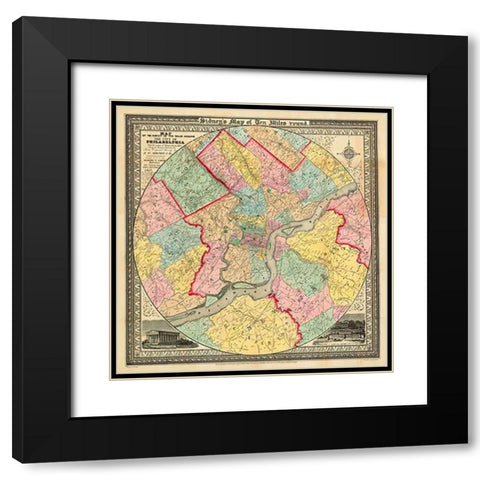 The City of Philadelphia, 1847 Black Modern Wood Framed Art Print with Double Matting by Sidney, J.C