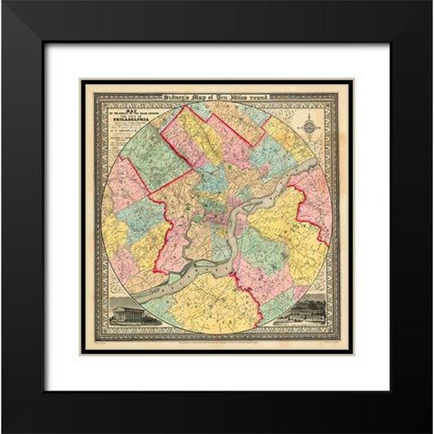 The City of Philadelphia, 1847 Black Modern Wood Framed Art Print with Double Matting by Sidney, J.C
