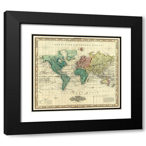 World on Mercators Projection, 1823 Black Modern Wood Framed Art Print with Double Matting by Tanner, Henry