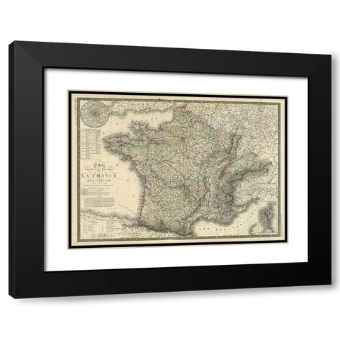 Carte physique et routiere de la France, de la Suisse, 1827 Black Modern Wood Framed Art Print with Double Matting by Brue, Adrien Hubert