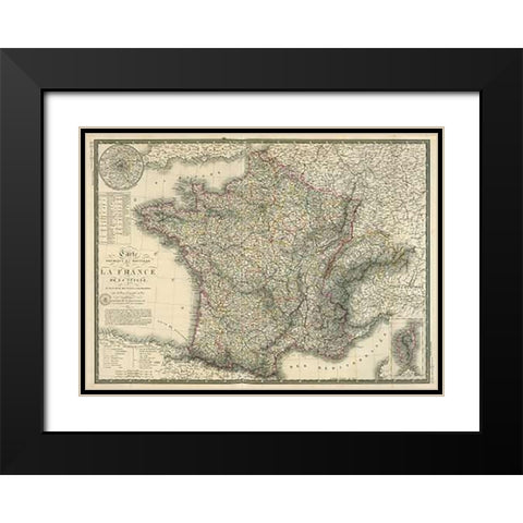 Carte physique et routiere de la France, de la Suisse, 1827 Black Modern Wood Framed Art Print with Double Matting by Brue, Adrien Hubert