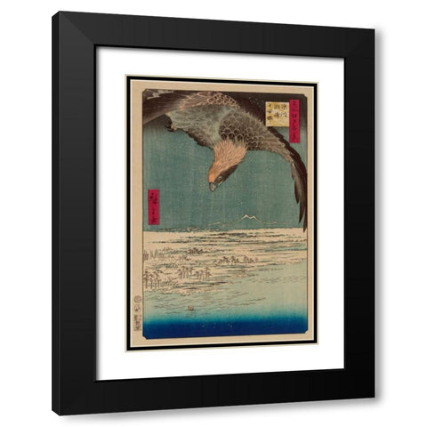 Hawk flying above a snowy landscape along the coastline., 1857 Black Modern Wood Framed Art Print with Double Matting by Hiroshige, Ando