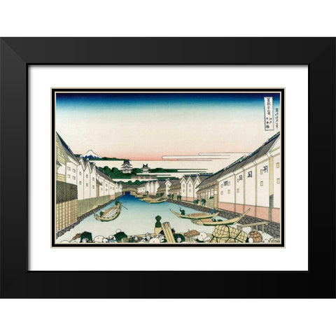 Nihonbashi Bridge in Edo, 1830 Black Modern Wood Framed Art Print with Double Matting by Hokusai