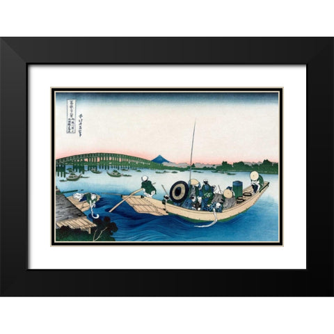 Sunset across Ryogoku Bridge from the Bank of the Sumida River at Onmayyagashi, 1830 Black Modern Wood Framed Art Print with Double Matting by Hokusai