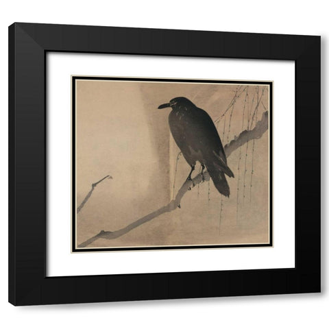 Crow on a willow branch, 1875 Black Modern Wood Framed Art Print with Double Matting by Unknown