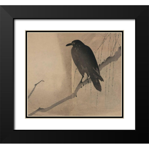Crow on a willow branch, 1875 Black Modern Wood Framed Art Print with Double Matting by Unknown