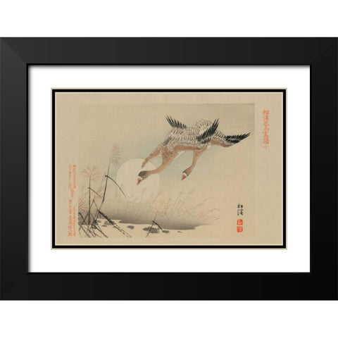 Flying Cranes Black Modern Wood Framed Art Print with Double Matting by Unknown
