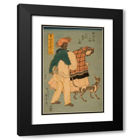 French girl taking walk with dog (Furansu komusume inu o hikite sampo no zu), 1860 Black Modern Wood Framed Art Print with Double Matting by Utagawa, Sadahide