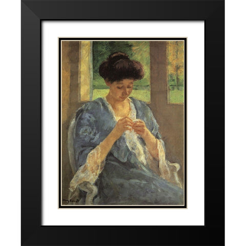 Augusta Sewing Before A Window 1910 Black Modern Wood Framed Art Print with Double Matting by Cassatt, Mary