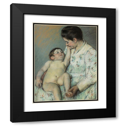 Babys First Caress 1891 Black Modern Wood Framed Art Print with Double Matting by Cassatt, Mary