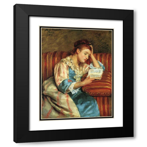 Mrs Duffee Seated On A Striped Sofa 1876 Black Modern Wood Framed Art Print with Double Matting by Cassatt, Mary