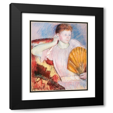 Portrait Of A Woman With A Fan Black Modern Wood Framed Art Print with Double Matting by Cassatt, Mary