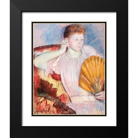 Portrait Of A Woman With A Fan Black Modern Wood Framed Art Print with Double Matting by Cassatt, Mary