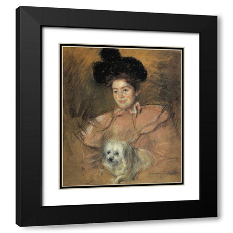 Woman In Raspberry Costume Holding A Dog 1901 Black Modern Wood Framed Art Print with Double Matting by Cassatt, Mary
