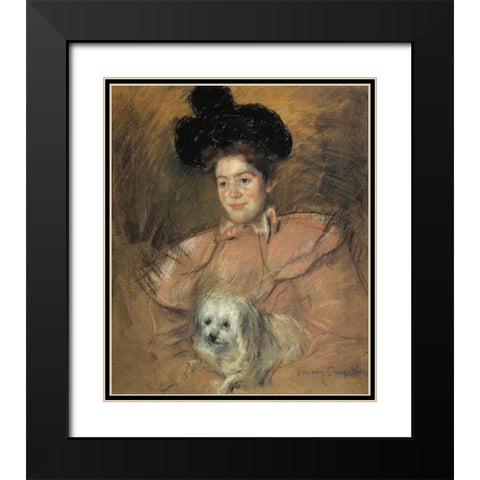 Woman In Raspberry Costume Holding A Dog 1901 Black Modern Wood Framed Art Print with Double Matting by Cassatt, Mary