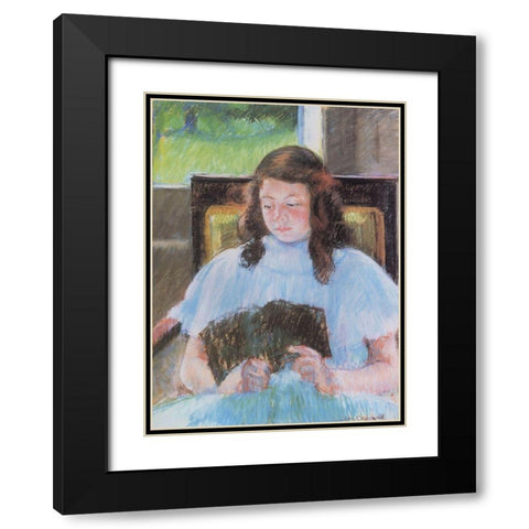 Young Girl Reading 1908 Black Modern Wood Framed Art Print with Double Matting by Cassatt, Mary