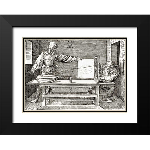 A Man Drawing A Lute Black Modern Wood Framed Art Print with Double Matting by Durer, Albrecht
