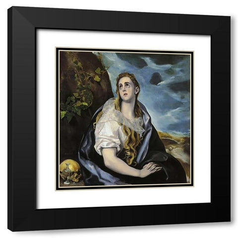 Mary Magdalen In Penitence Black Modern Wood Framed Art Print with Double Matting by Greco, El