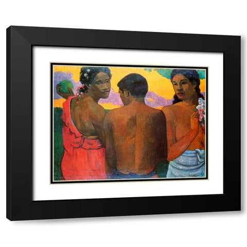 Three Tahitians Black Modern Wood Framed Art Print with Double Matting by Gauguin, Paul