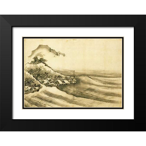 A Landscape With A Seaside Village 1840 Black Modern Wood Framed Art Print with Double Matting by Hokusai