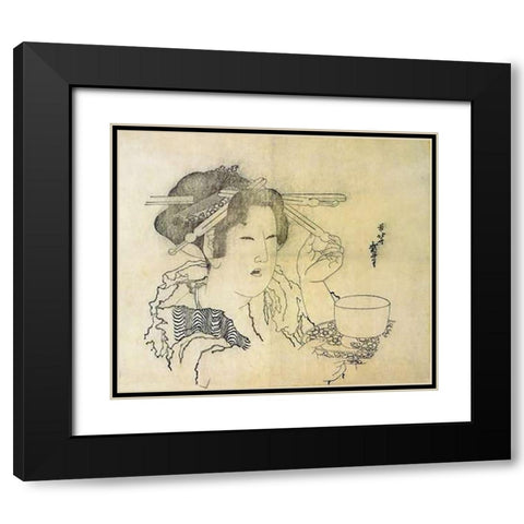 A Woman With A Teacup 1816 Black Modern Wood Framed Art Print with Double Matting by Hokusai