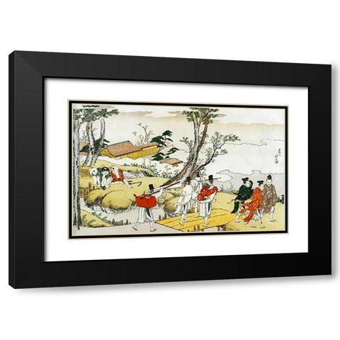 Courtiers Crossing A Bridge 1801 Black Modern Wood Framed Art Print with Double Matting by Hokusai
